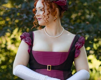Late Regency Ballgown, Magenta Taffeta 1800s Gown, 1820s Regency Court Dress With Cape