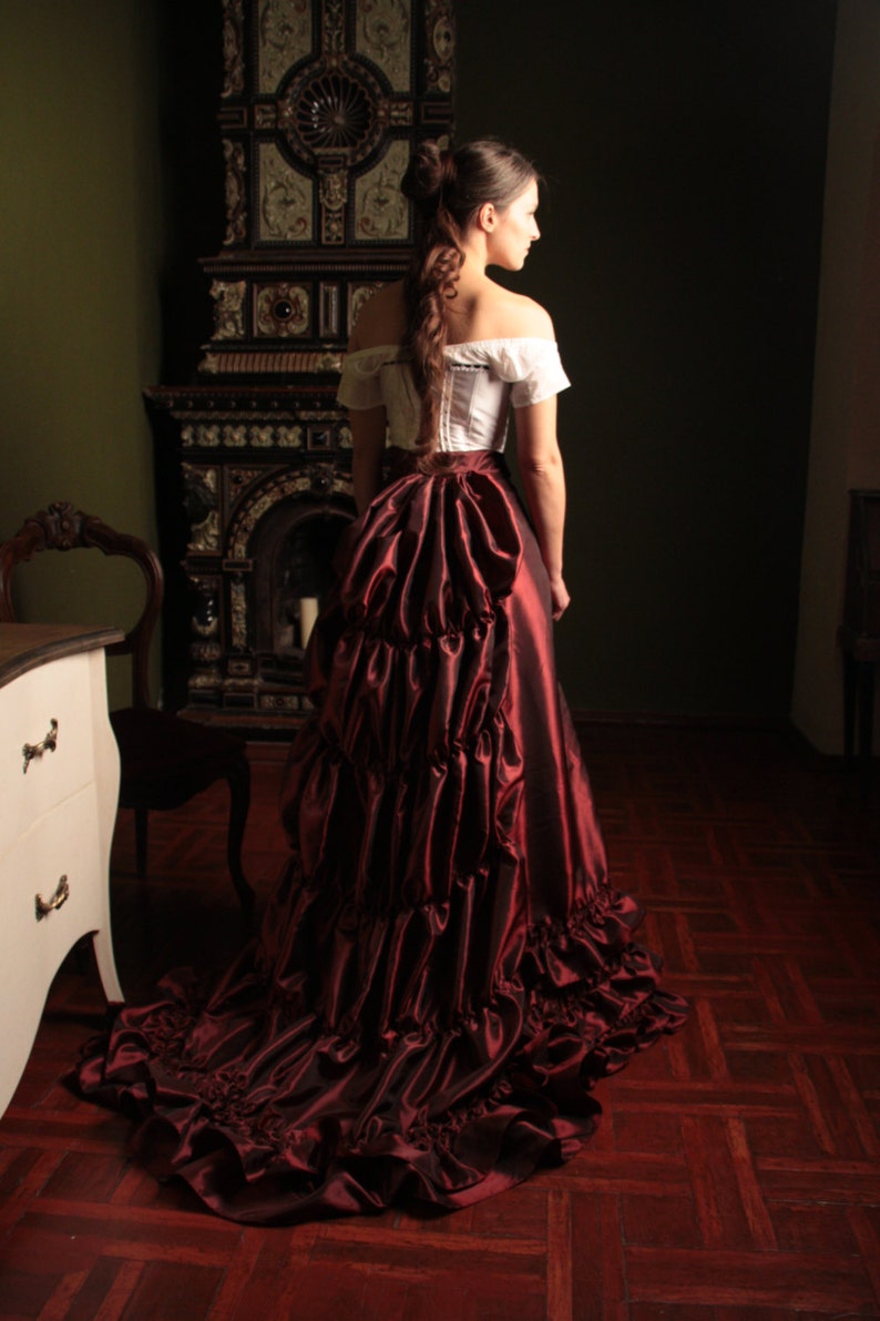 Victorian Burgundy Skirt, 1880s Taffeta Petticoat, Bustle Underwear image 5