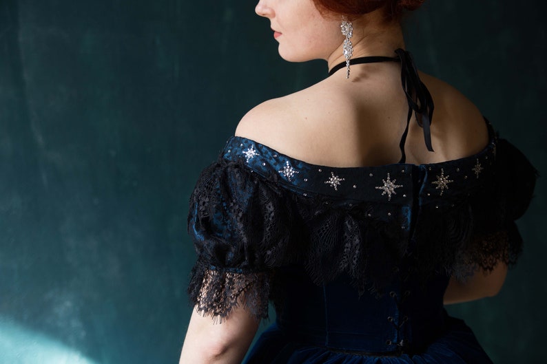 Empress Sissi Velvet Gown, Midnight Blue 1860s Star Dress image 6