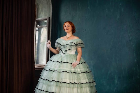 Pale Green Crinoline Dress, 1860s Mint Grey Ballgown, The Leopard Victorian Gown Pale Green Crinoline Dress, 1860s Mint Grey Ballgown, The Leopard Victorian Gown