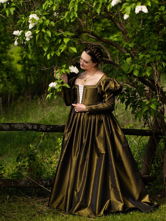 olive green taffeta dress Renaissance Dress, 1500s Historical Gown for Renfair Midi dress