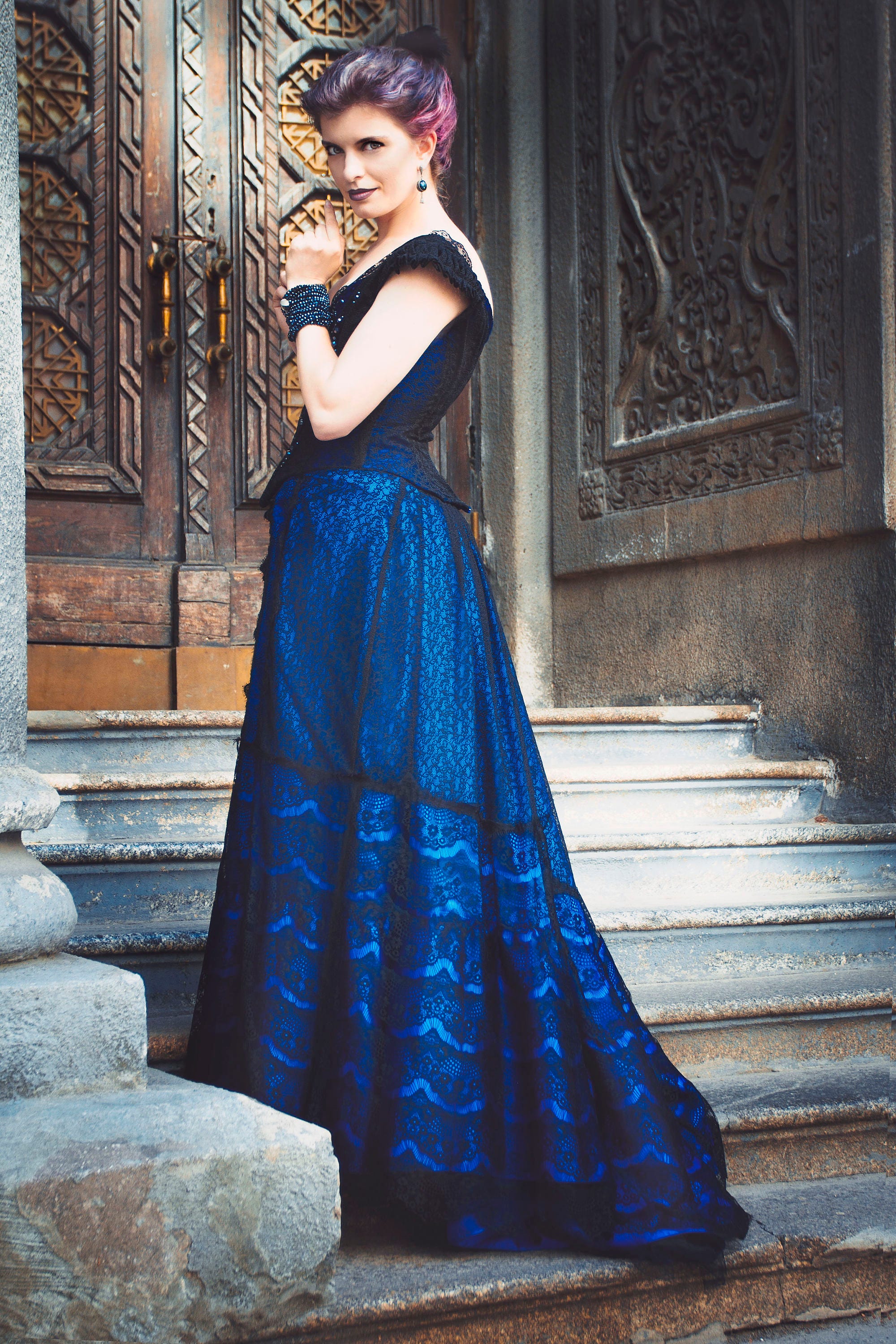 Edwardian 1890s Gown, Victorian Black and Blue Dress, Gothic Wedding Dress, Lace and Crystals Gown