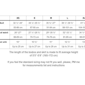 May include: Size chart for clothing with measurements in inches and centimeters. The chart includes bust, natural waist, and upper arm measurements for sizes XS, S, M, L, and XL. The chart also includes the average height for which the clothing is designed.