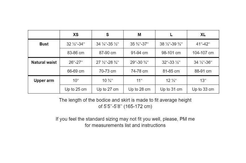 May include: Size chart for clothing with measurements in inches and centimeters. The chart includes bust, natural waist, and upper arm measurements for sizes XS, S, M, L, and XL. The chart also includes the average height for which the clothing is designed.