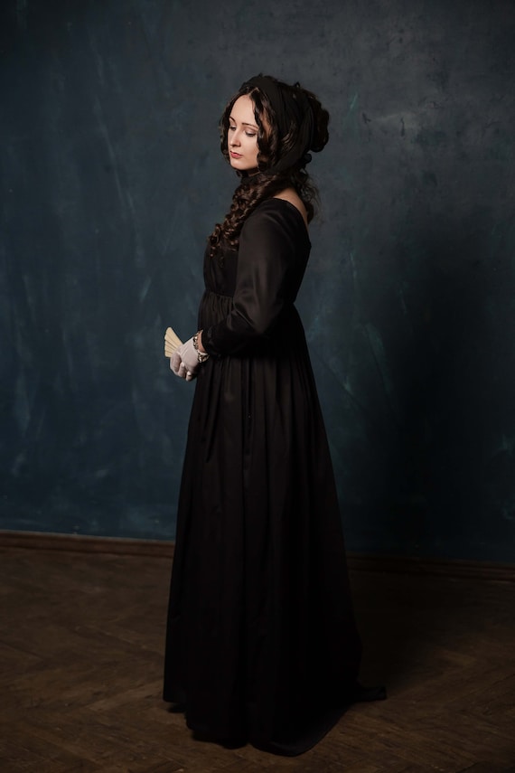 Regency Mourning Gown, Napoleonic Black Satin Round Gown, 1790s Round Gown