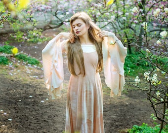 Creamy Elven Wedding Dress, Beige Velvet Elvish Gown