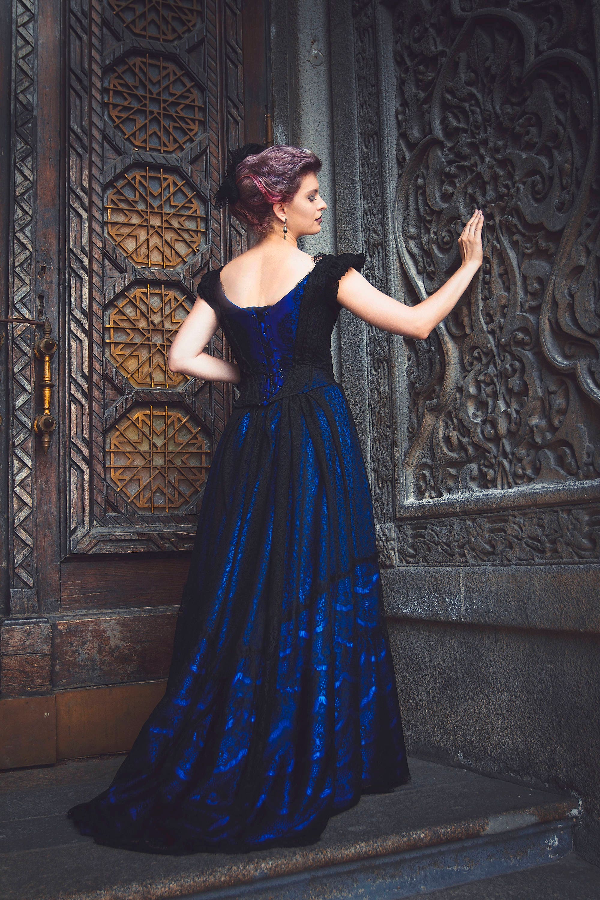 Edwardian 1890s Gown, Victorian Black and Blue Dress, Gothic Wedding Dress, Lace and Crystals Gown