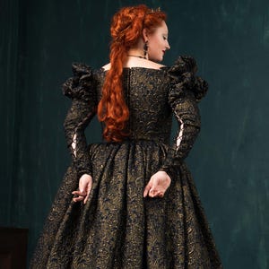 Dark Queen Black and Gold Gown, Halloween Renaissance Dress, Elizabethan Dark Fantasy Gown