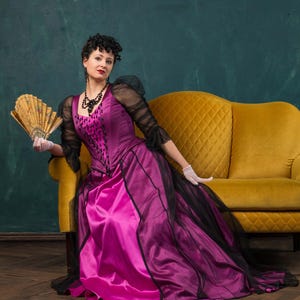 Belle Epoque Beaded Gown, 1890s Purple Victorian Dress, Gilded Age Pink and Black Ballgown