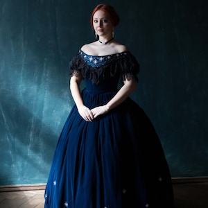 Empress Sissi Velvet Gown, Midnight Blue 1860s Star Dress image 4
