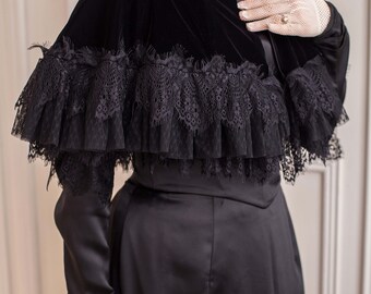 黒ベルベットのビクトリア朝ケープ、ベルベットとレースのゴシック喪服