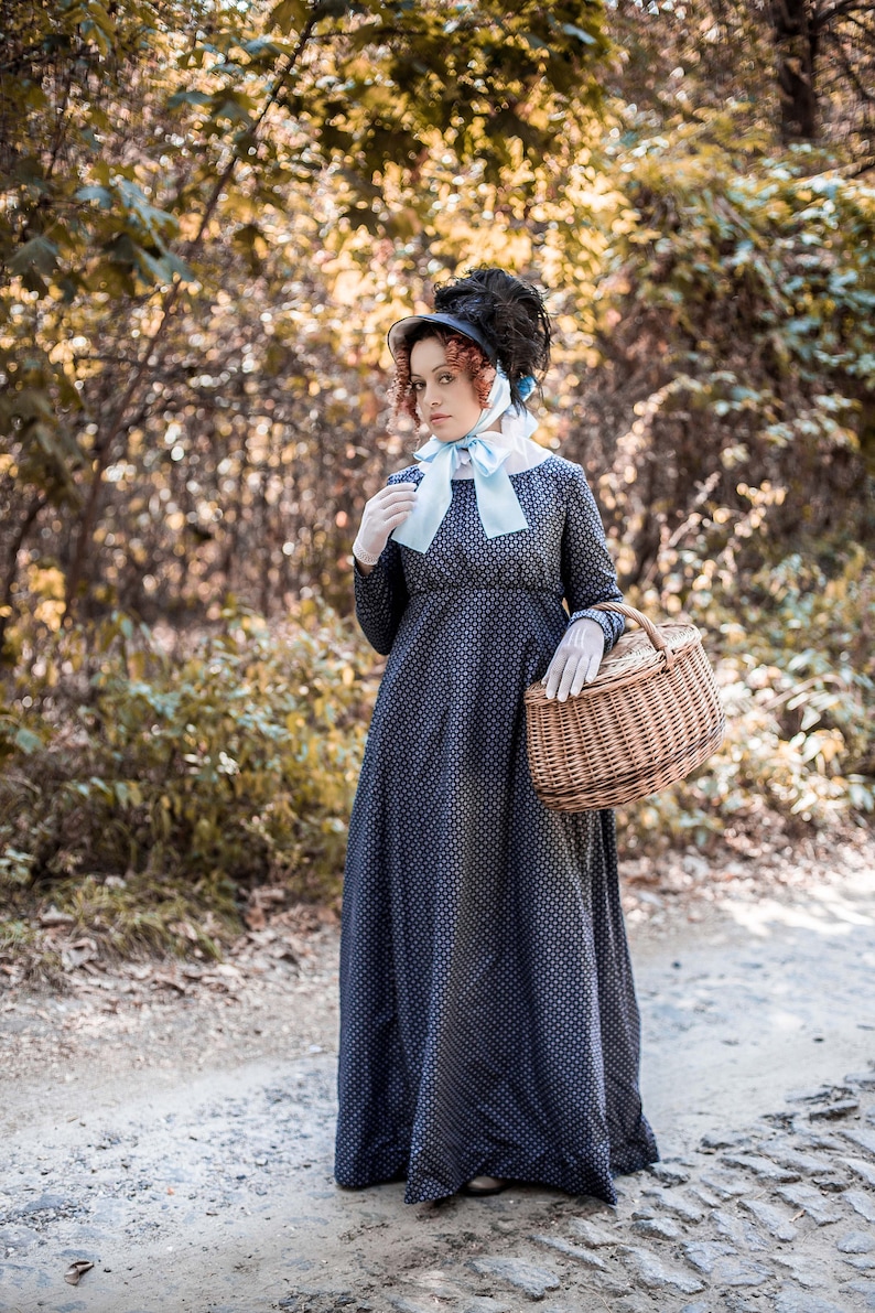 Regency Dress, Shoes | Jane Austen Clothing, Bridgerton Dresses Dark Blue Regency Dress 1800s Mourning Gown Jane Austin Walking Costume $160.00 AT vintagedancer.com