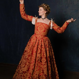 Red and Gold Renaissance Dress, Terracota Red Elizabethan Gown image 2