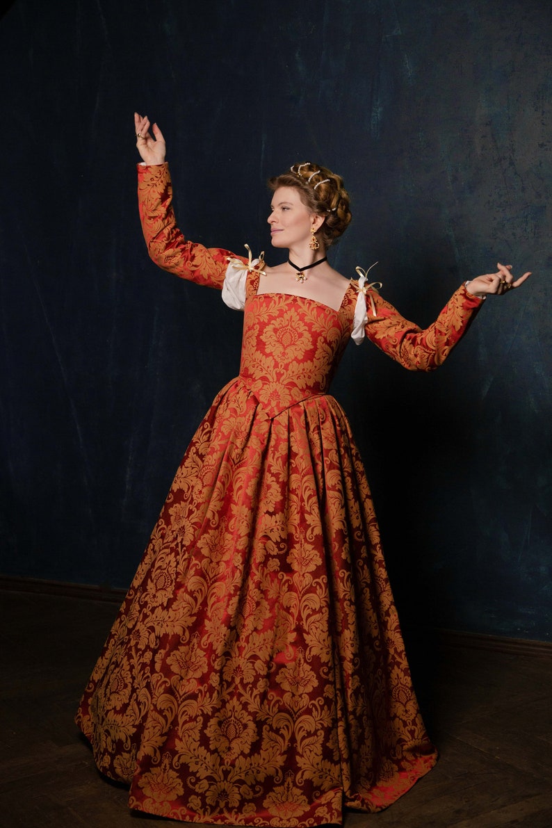 Red and Gold Renaissance Dress, Terracota Red Elizabethan Gown image 2