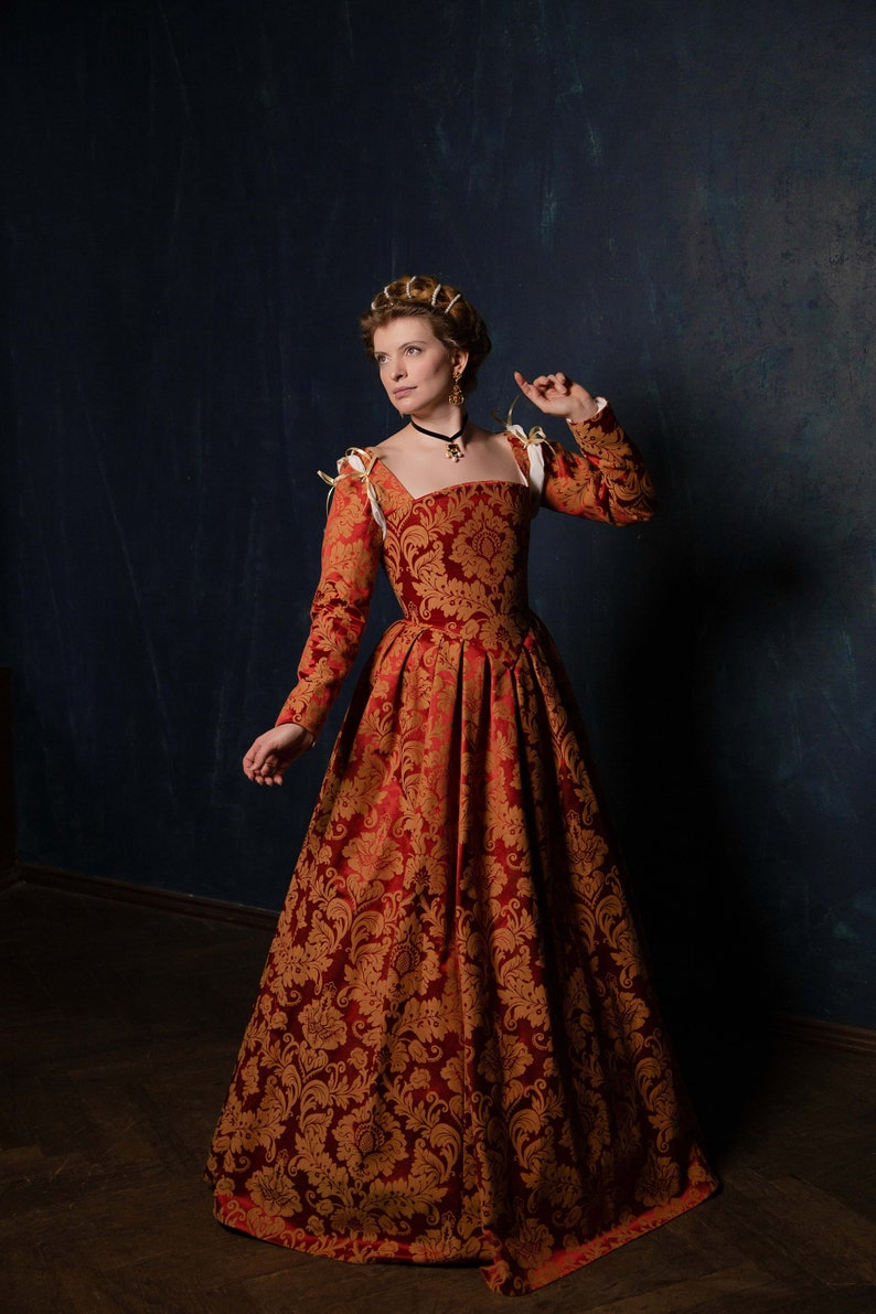 Red and Gold Renaissance Dress, Terracota Red Elizabethan Gown image 7