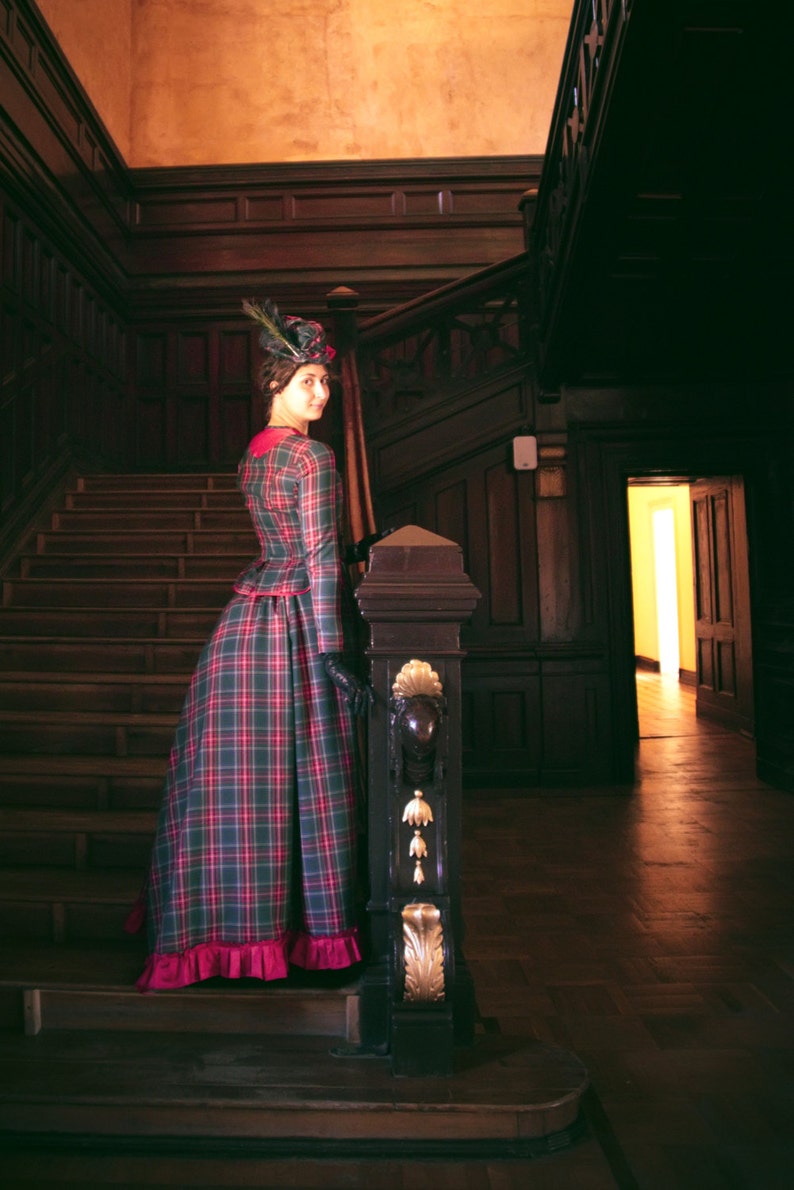 Victorian Walking Dress, Bustle Era Plaid Costume, 1880s Day Dress image 2