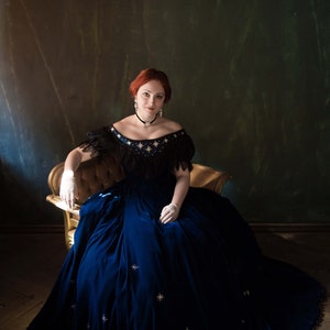 Empress Sissi Velvet Gown, Midnight Blue 1860s Star Dress image 7