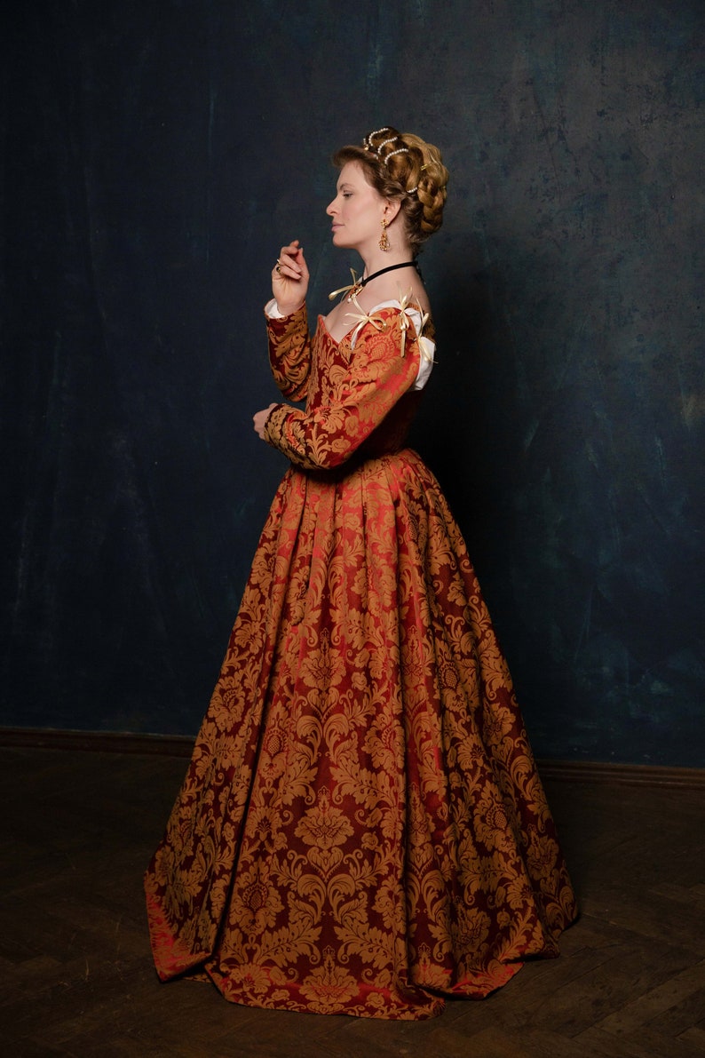 Red and Gold Renaissance Dress, Terracota Red Elizabethan Gown image 4