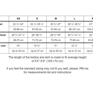 May include: A white size chart with black text detailing bust, underbust, and upper arm measurements in inches and centimeters. The chart includes sizes XS to XL. Text at the bottom states the bodice and skirt length fits average heights of 5'5"-5'8".