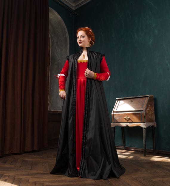 red dress with black coat Renaissance Cloak, Lucretia Borgia Gown, 1500s Taffeta Coat, Renaissance Tudor Cape occasion-Day Event resistant (10 000 mm) dress women CUPCAKE CULT Belt Size:32