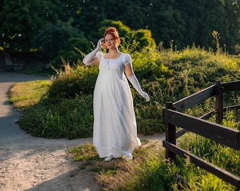 White Jane Austen White Dress, 1800s Regency Ballgown, Napoleonic Cotton Wedding Gown