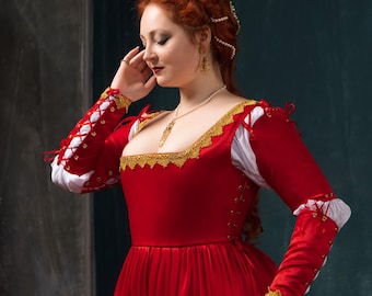 Rode renaissancejurk, jurk in borgiastijl uit de jaren 1490 voor Renfaires
