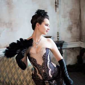 Beige and Black Corsetted Costume, Victorian Style Dress, 1880s Gothic Ballgown, Black Lace Gown with Corset