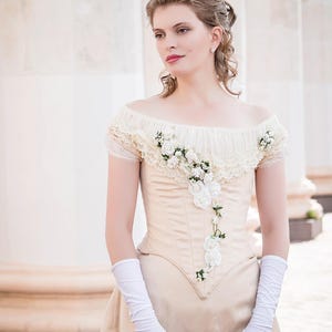 Off-white 1880s Wedding Dress, Victorian Flower Gown, 19th Century Wedding Dress With Corset, Historical Wedding Creamy Outfit