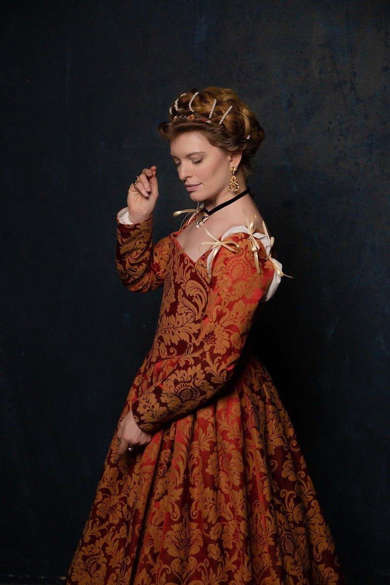 Red and Gold Renaissance Dress, Terracota Red Elizabethan Gown image 1