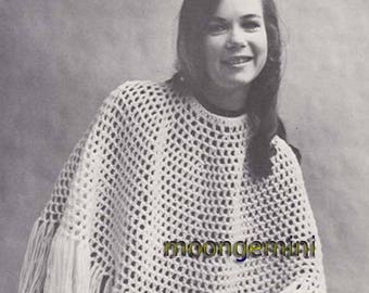 Crochet Poncho EZ Deep Fringed Fishnet PDF Pattern Vintage 60s Hippie Girl Retro Fashion