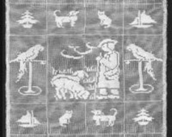 Filet Crochet Baby Blanket Bedspread Pattern Animals and Shepherd Crocheted Afghan