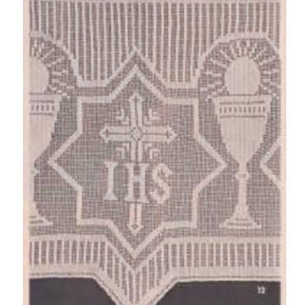 Filet Crochet Altar Lace Edging Pattern I.H.S. and Cross Crocheted Church Lace for Cloth