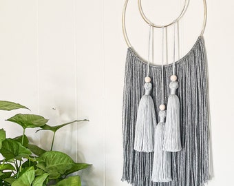 Gray Macrame Wall Hanging | Bohemian Decor with Tassels