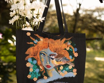 Bohemian Art Tote Bag: Illustrated Woman & Bird Shoulder Bag
