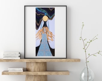 May include: Framed art print depicting a woman with long, golden hair and a light blue dress. The artwork shows a golden sun held above the woman's head, with dark blue and black abstract shapes in the background. The print is displayed on a wooden shelf.
