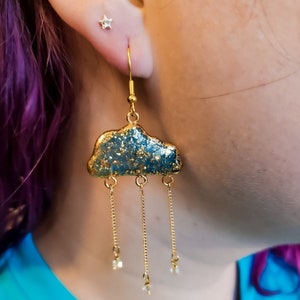 Rain Cloud Earrings | Dainty Gold & Blue Storm Clouds | Gold Accented Statement | Polymer Clay Jewelry | Glow in the Dark