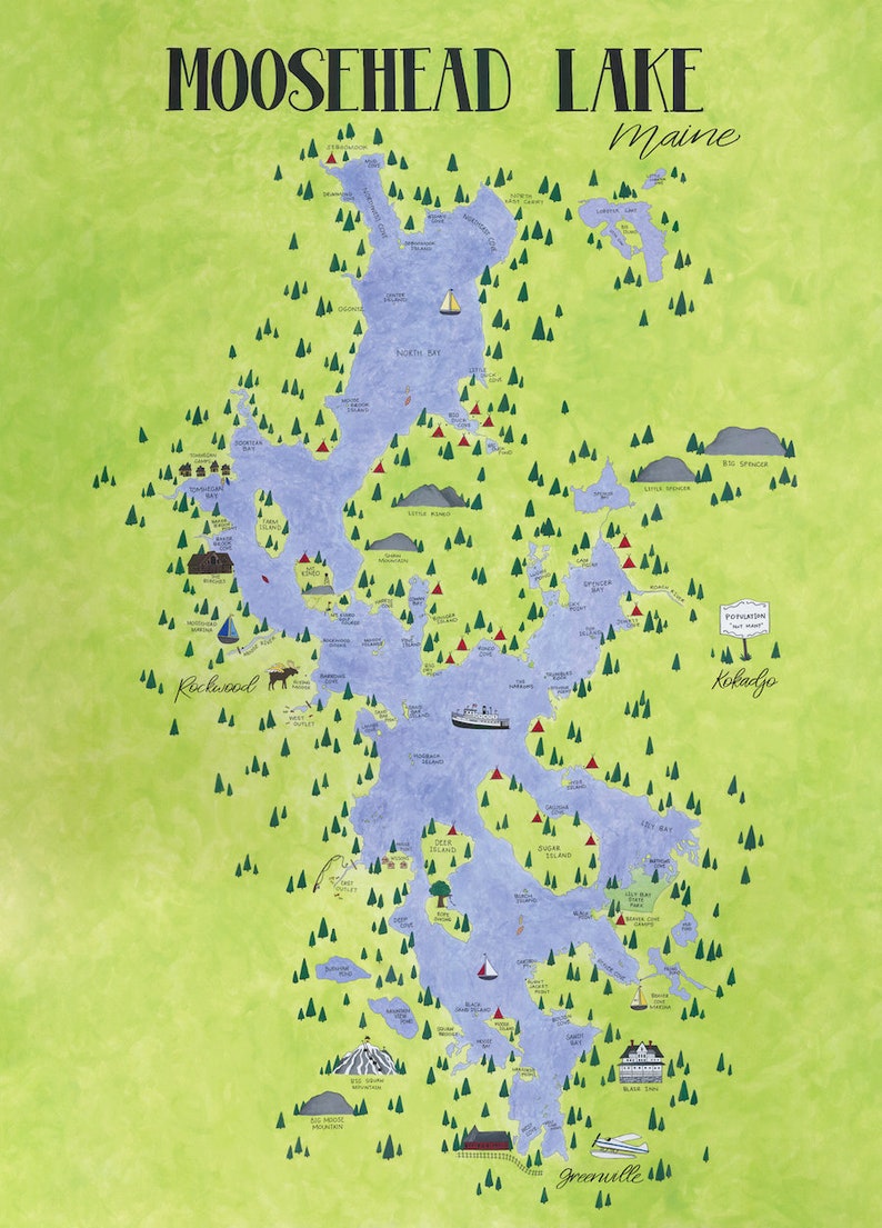 Moosehead Lake Maine Map Etsy