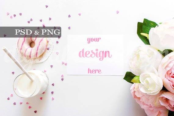 Peony Donuts Stationery Mockup Styled Stock Photography White Desktop