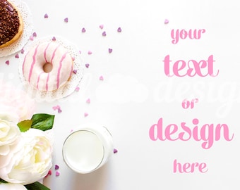 Download Free Peony Chocolate Donuts Photography Mockup White Desktop Stationery Styled Stock Mock up Social Media Digital Background Brand Product PSD Template