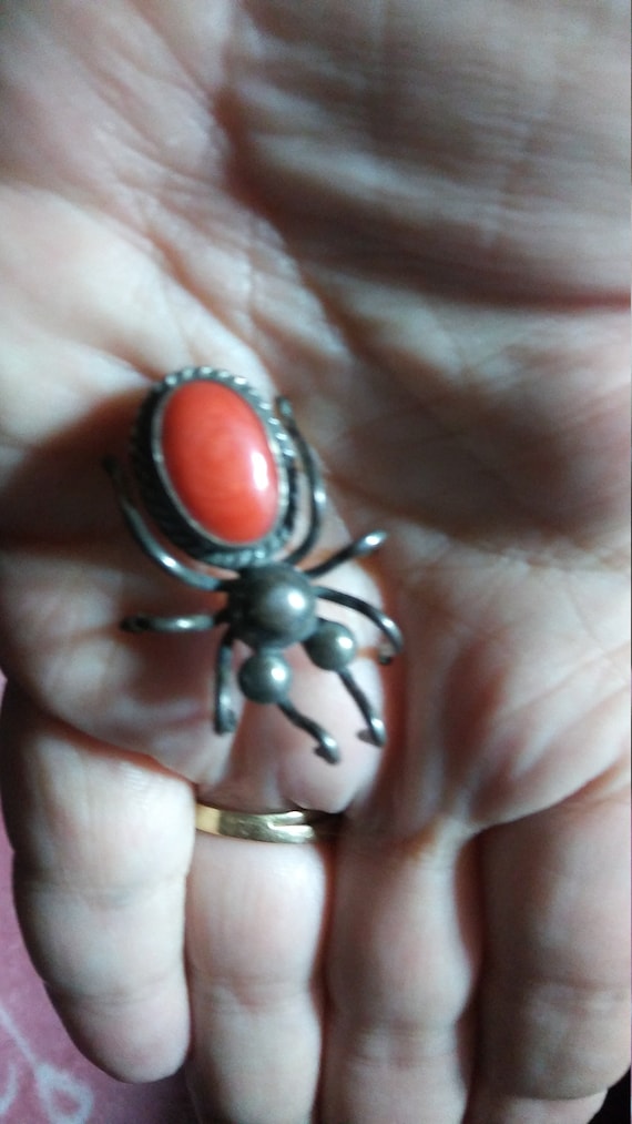 Sterling And Coral Native American Spider Brooch