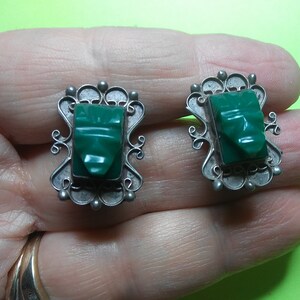 Sterling & Green Onyx Carved Warrior Mask Earrings