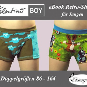 Può includere: Due paia di boxer per bambini. Uno presenta gufi e stelle su sfondo marrone e verde acqua. L'altro ha uno sfondo verde con personaggi dei cartoni animati. Il testo "eBook Retro-Shorts für Jungen" è visibile.
