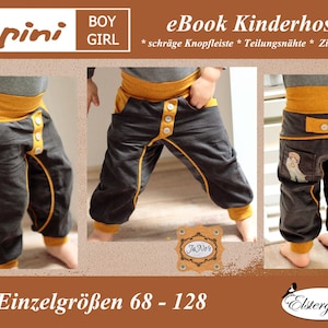 Puede incluir: Un patrón de costura digital para pantalones de niños con una cintura y ribetes amarillos contrastantes. El patrón incluye instrucciones para una tapeta de botones inclinada, detalles de costura y ribetes decorativos. El patrón está disponible en las tallas 68-128 cm.