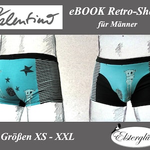 Könnte beinhalten: Zwei Retro-Shorts in Türkis und Schwarz. Die türkisfarbenen Panels zeigen ein Monster- und Sterndesign. Ein Paar hat schwarz-weiß gestreifte Seitenteile, das andere hat unifarbene schwarze Seitenteile. Der Text "eBOOK Retro-Shorts für Männer" ist sichtbar.