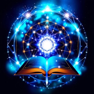 May include: Digital art of an open book with glowing blue pages and a bookmark. The book is surrounded by a celestial design of interconnected lines, stars, and a central geometric shape, all in shades of blue and gold against a dark background.