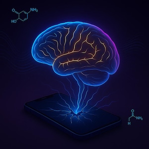 May include: A digital illustration of a glowing brain above a smartphone, with blue and yellow highlights. Chemical structures are in the background. The image has a dark blue background.