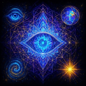 May include: Digital artwork depicting a central eye design with geometric patterns in blue and gold. The image includes additional eye and spiral elements, with a starburst at the bottom right, set against a dark background.