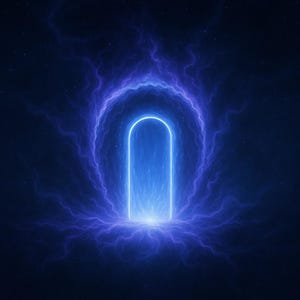 May include: A digital art piece featuring a glowing blue portal against a dark, starry background. The portal is framed by electric blue energy, creating a mystical and otherworldly effect. The artwork evokes a sense of mystery and fantasy.