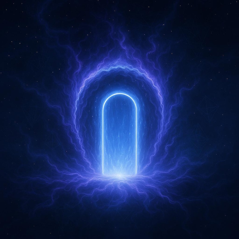 May include: A digital art piece featuring a glowing blue portal against a dark, starry background. The portal is framed by electric blue energy, creating a mystical and otherworldly effect. The artwork evokes a sense of mystery and fantasy.