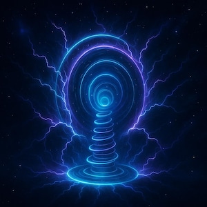 Pode incluir: Arte digital abstrata com um vórtice de energia azul e roxo brilhante. O design inclui círculos concêntricos, uma espiral central e efeitos de relâmpagos contra um fundo escuro, criando uma imagem futurista e dinâmica.
